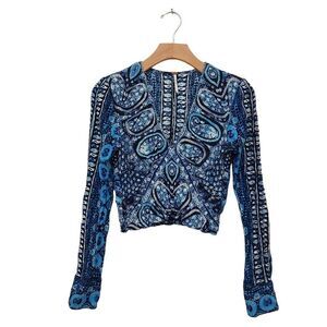 Free People Crop Top Womens XS Blue V-Neck Long Sleeve Paisley Waist Smocked